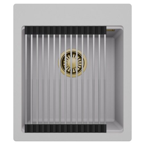 HD Infinity Grey 43 egymedencés gránit mosogatótálca szett, acél csepegtetőráccsal, alpesi szürke színben, szálcsiszolt arany leeresztő szifonnal