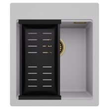 HD Infinity Grey 43 egymedencés gránit mosogatótálca szett, matt fekete csepegtetőkosárral, alpesi szürke színben, szálcsiszolt arany leeresztő szifonnal