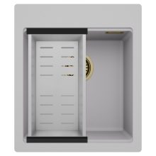 HD Infinity Grey 43 egymedencés gránit mosogatótálca szett, acél csepegtetőkosárral, alpesi szürke színben, szálcsiszolt arany leeresztő szifonnal