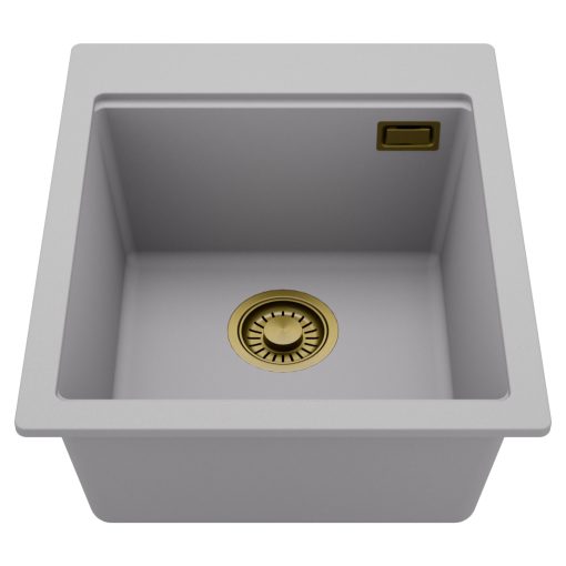 HD Infinity Grey 43 egymedencés gránit mosogatótálca, alpesi szürke színben, szálcsiszolt arany leeresztő szifonnal