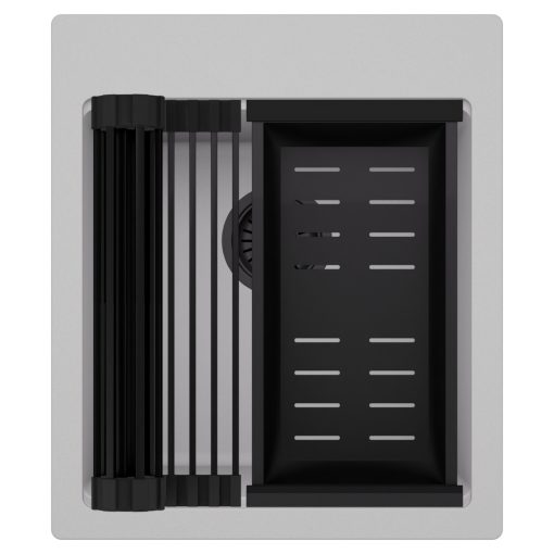 HD Infinity Grey 43 egymedencés gránit mosogatótálca szett, matt fekete csepegtetőráccsal és kosárral, alpesi szürke színben, matt fekete leeresztő szifonnal