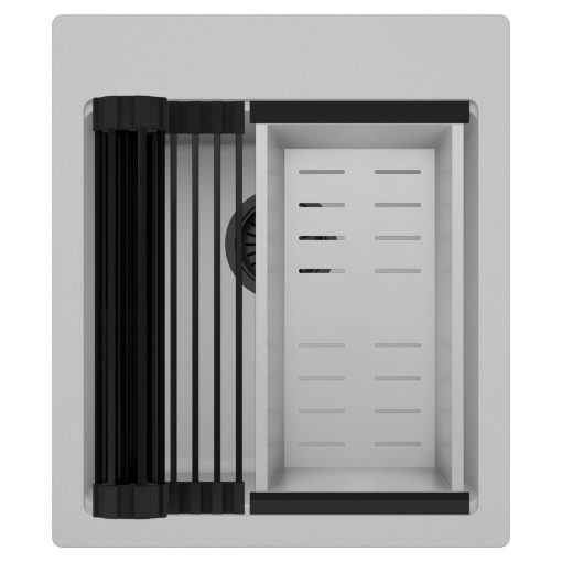 HD Infinity Grey 43 egymedencés gránit mosogatótálca szett, matt fekete csepegtetőráccsal és krómozott kosárral, alpesi szürke színben, matt fekete leeresztő szifonnal