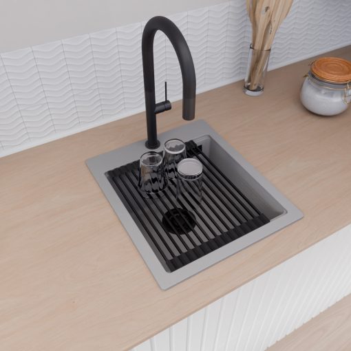 HD Infinity Grey 43 egymedencés gránit mosogatótálca szett, matt fekete csepegtetőráccsal és krómozott kosárral, alpesi szürke színben, matt fekete leeresztő szifonnal