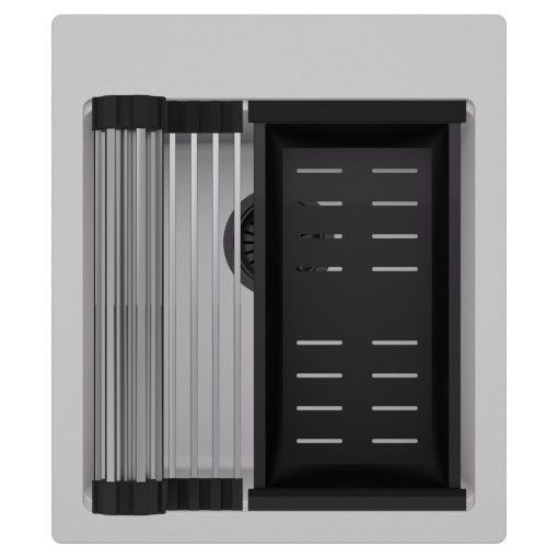 HD Infinity Grey 43 egymedencés gránit mosogatótálca szett, acél csepegtetőráccsal és matt fekete kosárral, alpesi szürke színben, matt fekete leeresztő szifonnal