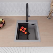 HD Infinity Grey 43 egymedencés gránit mosogatótálca szett, acél csepegtetőráccsal és matt fekete kosárral, alpesi szürke színben, matt fekete leeresztő szifonnal