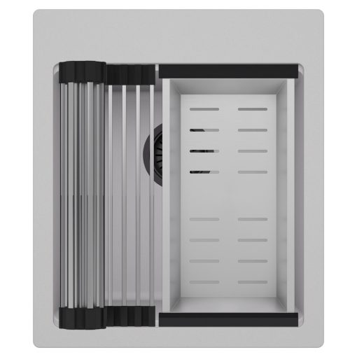 HD Infinity Grey 43 egymedencés gránit mosogatótálca szett, acél csepegtetőráccsal és kosárral, alpesi szürke színben, matt fekete leeresztő szifonnal