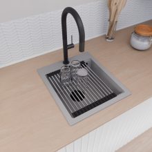 HD Infinity Grey 43 egymedencés gránit mosogatótálca szett, acél csepegtetőráccsal és kosárral, alpesi szürke színben, matt fekete leeresztő szifonnal