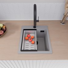 HD Infinity Grey 43 egymedencés gránit mosogatótálca szett, vágódeszkával, matt fekete csepegtetőráccsal és krómozott kosárral, alpesi szürke színben, matt fekete leeresztő szifonnal