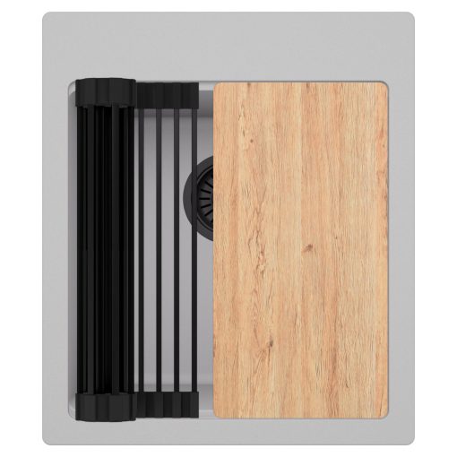 HD Infinity Grey 43 egymedencés gránit mosogatótálca szett, vágódeszkával, matt fekete csepegtetőráccsal, alpesi szürke színben, matt fekete leeresztő szifonnal