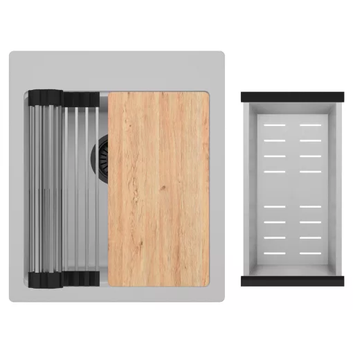 HD Infinity Grey 43 egymedencés gránit mosogatótálca szett, vágódeszkával, acél csepegtetőráccsal és kosárral, alpesi szürke színben, matt fekete leeresztő szifonnal