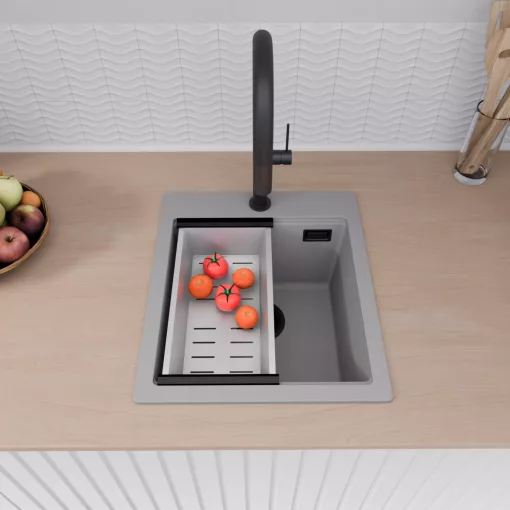 HD Infinity Grey 43 egymedencés gránit mosogatótálca szett, vágódeszkával, acél csepegtetőráccsal és kosárral, alpesi szürke színben, matt fekete leeresztő szifonnal