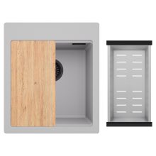 HD Infinity Grey 43 egymedencés gránit mosogatótálca szett, vágódeszkával, acél csepegtetőkosárral, alpesi szürke színben, matt fekete leeresztő szifonnal