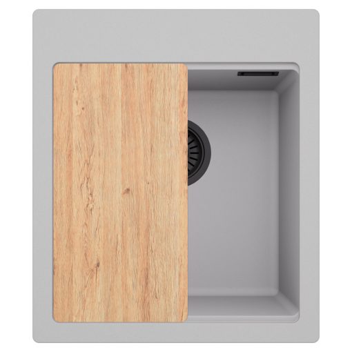 HD Infinity Grey 43 egymedencés gránit mosogatótálca, vágódeszkával, alpesi szürke színben, matt fekete leeresztő szifonnal