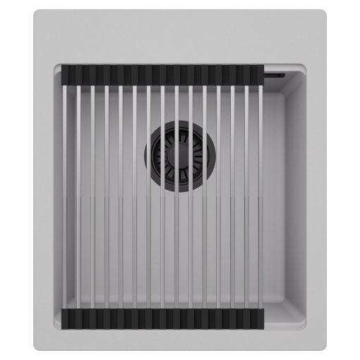 HD Infinity Grey 43 egymedencés gránit mosogatótálca szett, acél csepegtetőráccsal, alpesi szürke színben, matt fekete leeresztő szifonnal