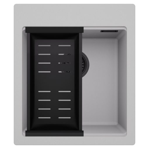 HD Infinity Grey 43 egymedencés gránit mosogatótálca szett, matt fekete csepegtetőkosárral, alpesi szürke színben, matt fekete leeresztő szifonnal