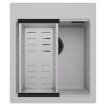 HD Infinity Grey 43 egymedencés gránit mosogatótálca szett, acél csepegtetőkosárral, alpesi szürke színben, matt fekete leeresztő szifonnal