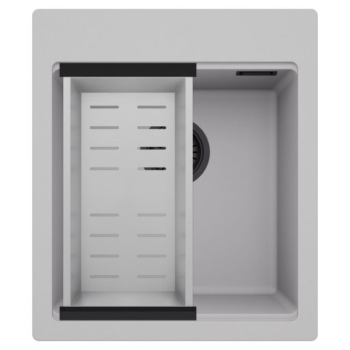 HD Infinity Grey 43 egymedencés gránit mosogatótálca szett, acél csepegtetőkosárral, alpesi szürke színben, matt fekete leeresztő szifonnal