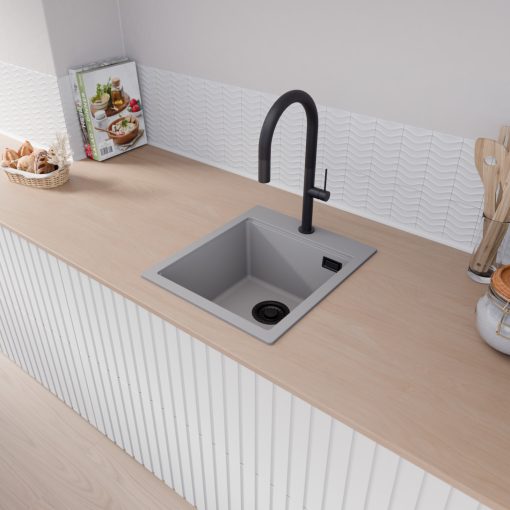 HD Infinity Grey 43 egymedencés gránit mosogatótálca, alpesi szürke színben, matt fekete leeresztő szifonnal