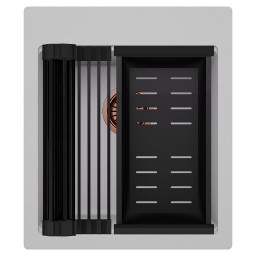 HD Infinity Grey 43 egymedencés gránit mosogatótálca szett, matt fekete csepegtetőráccsal és kosárral, alpesi szürke színben, szálcsiszolt réz leeresztő szifonnal