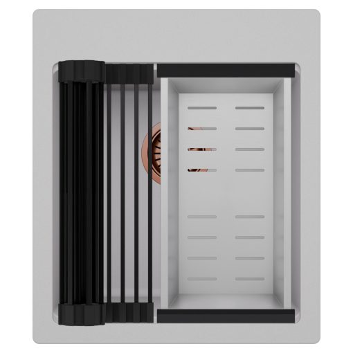 HD Infinity Grey 43 egymedencés gránit mosogatótálca szett, matt fekete csepegtetőráccsal és krómozott kosárral, alpesi szürke színben, szálcsiszolt réz leeresztő szifonnal