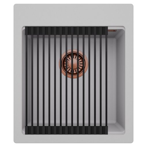 HD Infinity Grey 43 egymedencés gránit mosogatótálca szett, matt fekete csepegtetőráccsal, alpesi szürke színben, szálcsiszolt réz leeresztő szifonnal