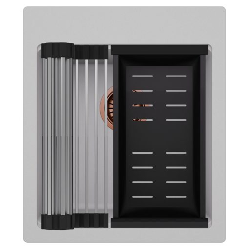 HD Infinity Grey 43 egymedencés gránit mosogatótálca szett, acél csepegtetőráccsal és matt fekete kosárral, alpesi szürke színben, szálcsiszolt réz leeresztő szifonnal