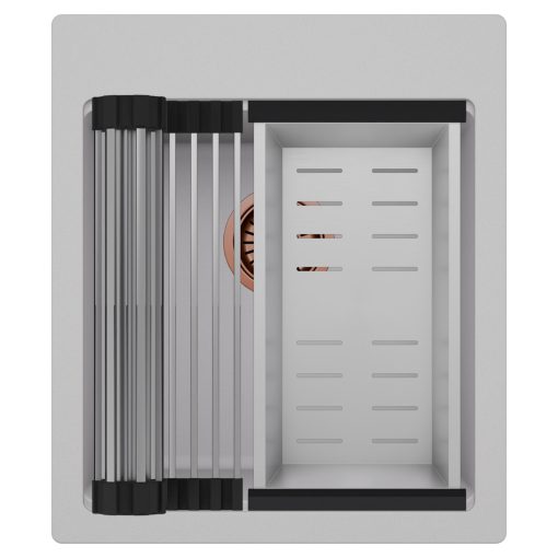 HD Infinity Grey 43 egymedencés gránit mosogatótálca szett, acél csepegtetőráccsal és kosárral, alpesi szürke színben, szálcsiszolt réz leeresztő szifonnal