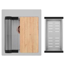 HD Infinity Grey 43 egymedencés gránit mosogatótálca szett, vágódeszkával, acél csepegtetőráccsal és kosárral, alpesi szürke színben, szálcsiszolt réz leeresztő szifonnal