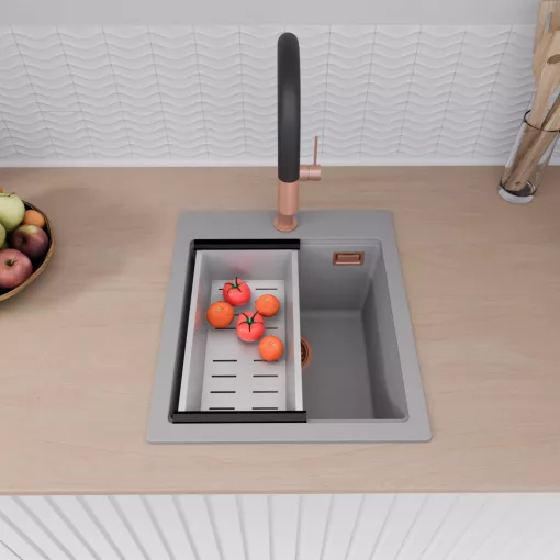 HD Infinity Grey 43 egymedencés gránit mosogatótálca szett, vágódeszkával, acél csepegtetőráccsal és kosárral, alpesi szürke színben, szálcsiszolt réz leeresztő szifonnal