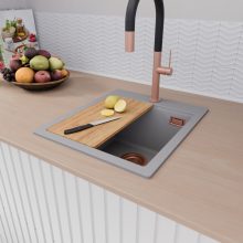 HD Infinity Grey 43 egymedencés gránit mosogatótálca szett, vágódeszkával, acél csepegtetőráccsal, alpesi szürke színben, szálcsiszolt réz leeresztő szifonnal