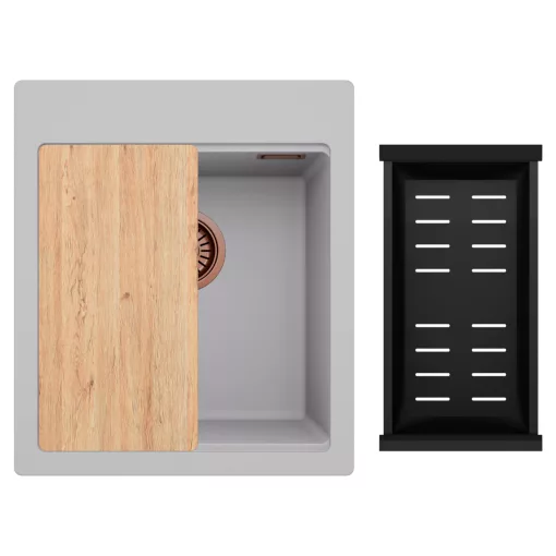 HD Infinity Grey 43 egymedencés gránit mosogatótálca szett, vágódeszkával, matt fekete csepegtetőkosárral, alpesi szürke színben, szálcsiszolt réz leeresztő szifonnal