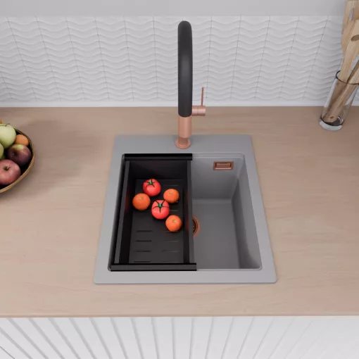 HD Infinity Grey 43 egymedencés gránit mosogatótálca szett, vágódeszkával, matt fekete csepegtetőkosárral, alpesi szürke színben, szálcsiszolt réz leeresztő szifonnal