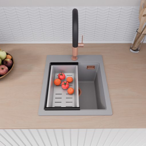 HD Infinity Grey 43 egymedencés gránit mosogatótálca szett, vágódeszkával, acél csepegtetőkosárral, alpesi szürke színben, szálcsiszolt réz leeresztő szifonnal