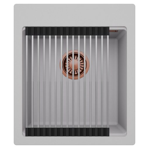 HD Infinity Grey 43 egymedencés gránit mosogatótálca szett, acél csepegtetőráccsal, alpesi szürke színben, szálcsiszolt réz leeresztő szifonnal