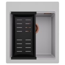 HD Infinity Grey 43 egymedencés gránit mosogatótálca szett, matt fekete csepegtetőkosárral, alpesi szürke színben, szálcsiszolt réz leeresztő szifonnal