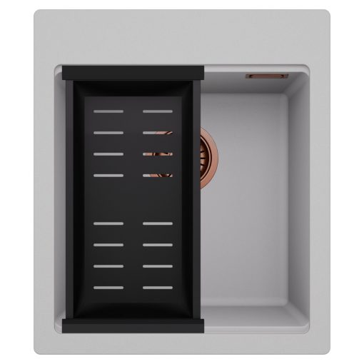 HD Infinity Grey 43 egymedencés gránit mosogatótálca szett, matt fekete csepegtetőkosárral, alpesi szürke színben, szálcsiszolt réz leeresztő szifonnal