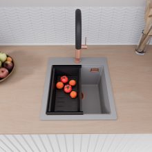 HD Infinity Grey 43 egymedencés gránit mosogatótálca szett, matt fekete csepegtetőkosárral, alpesi szürke színben, szálcsiszolt réz leeresztő szifonnal