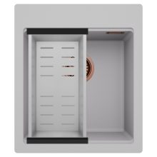 HD Infinity Grey 43 egymedencés gránit mosogatótálca szett, acél csepegtetőkosárral, alpesi szürke színben, szálcsiszolt réz leeresztő szifonnal