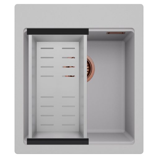 HD Infinity Grey 43 egymedencés gránit mosogatótálca szett, acél csepegtetőkosárral, alpesi szürke színben, szálcsiszolt réz leeresztő szifonnal