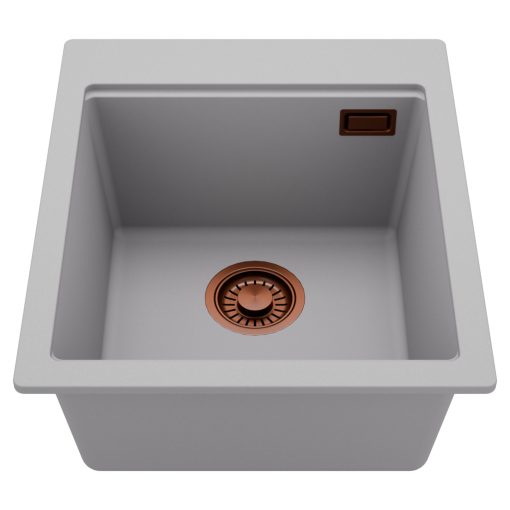 HD Infinity Grey 43 egymedencés gránit mosogatótálca, alpesi szürke színben, szálcsiszolt réz leeresztő szifonnal