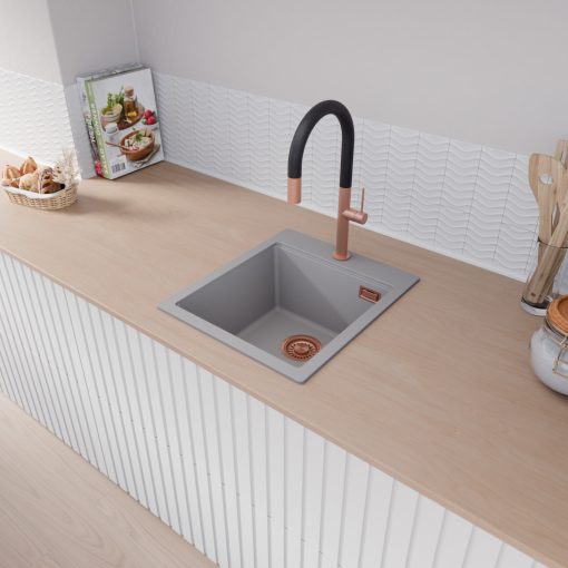 HD Infinity Grey 43 egymedencés gránit mosogatótálca, alpesi szürke színben, szálcsiszolt réz leeresztő szifonnal