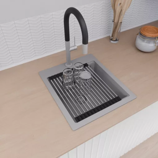HD Infinity Grey 43 egymedencés gránit mosogatótálca szett, vágódeszkával, acél csepegtetőráccsal és kosárral, alpesi szürke színben