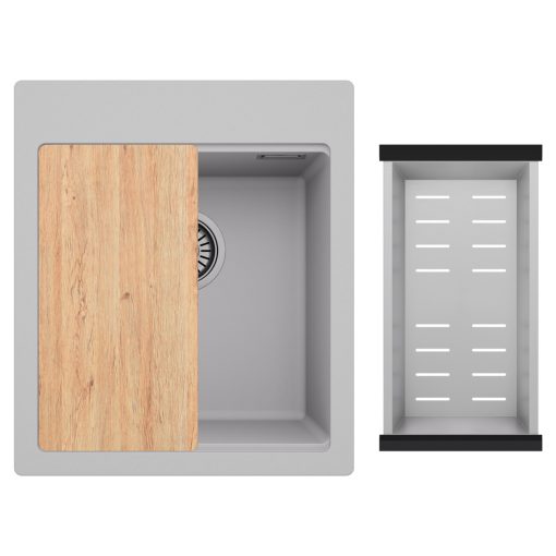 HD Infinity Grey 43 egymedencés gránit mosogatótálca szett, vágódeszkával, acél csepegtetőkosárral, alpesi szürke színben