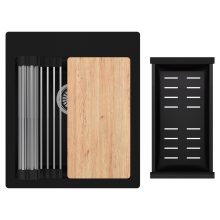 HD Infinity Black 43 egymedencés gránit mosogatótálca szett, vágódeszkával, acél csepegtetőráccsal és matt fekete kosárral, matt fekete színben, szálcsiszolt króm leeresztő szifonnal