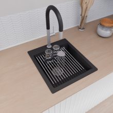 HD Infinity Black 43 egymedencés gránit mosogatótálca szett, acél csepegtetőráccsal, matt fekete színben, szálcsiszolt króm leeresztő szifonnal