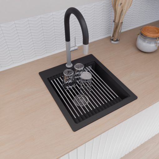 HD Infinity Black 43 egymedencés gránit mosogatótálca szett, acél csepegtetőráccsal, matt fekete színben, szálcsiszolt króm leeresztő szifonnal