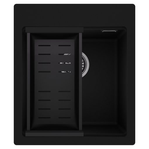 HD Infinity Black 43 egymedencés gránit mosogatótálca szett, matt fekete csepegtetőkosárral, matt fekete színben, szálcsiszolt króm leeresztő szifonnal