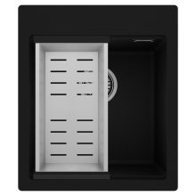 HD Infinity Black 43 egymedencés gránit mosogatótálca szett, acél csepegtetőkosárral, matt fekete színben, szálcsiszolt króm leeresztő szifonnal