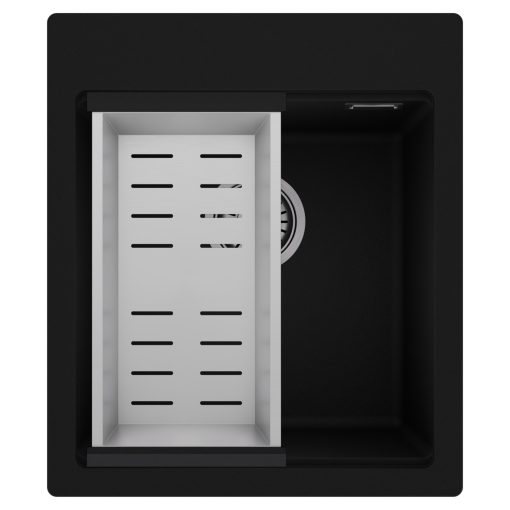 HD Infinity Black 43 egymedencés gránit mosogatótálca szett, acél csepegtetőkosárral, matt fekete színben, szálcsiszolt króm leeresztő szifonnal