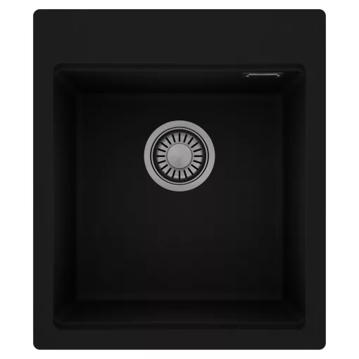 HD Infinity Black 43 egymedencés gránit mosogatótálca, matt fekete színben, szálcsiszolt króm leeresztő szifonnal